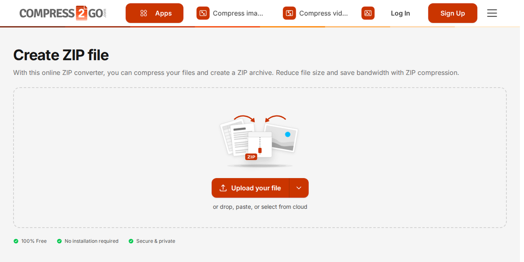 The Create ZIP file page on Compress2Go, showing the "Upload your file" button